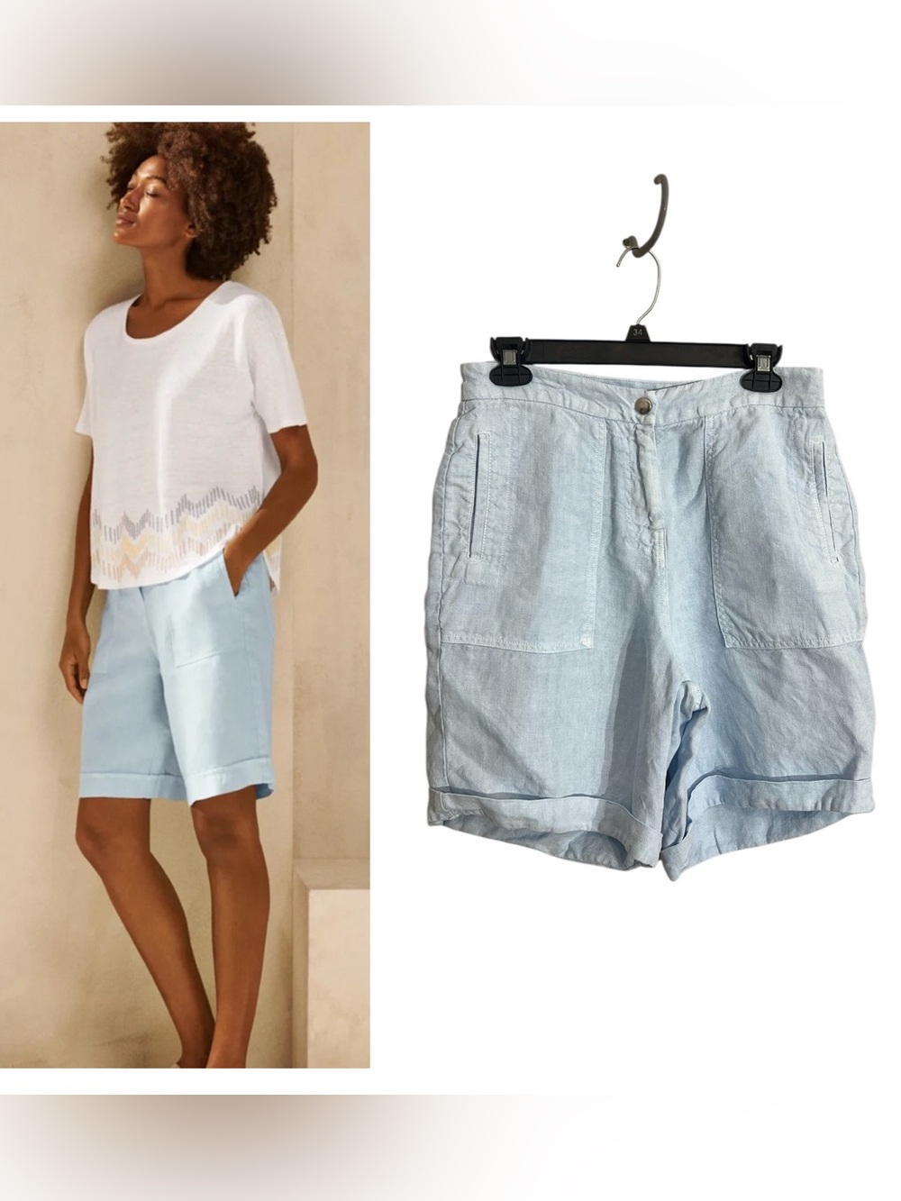 Poetry Heavy Linen Long Relaxed Shorts pale blue sz 6 coastal beachy vacation